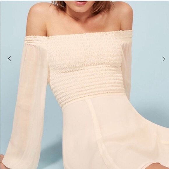Reformation Honor Mini Dress Flowy Off the Shoulder Size 4 Long Sleeve Ivory - Picture 3 of 12